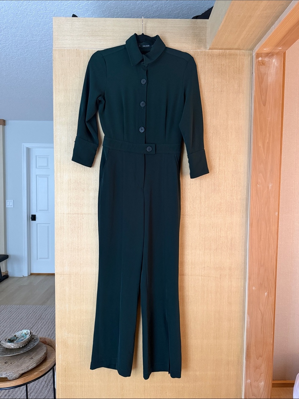 Zara Dark Green Button-Front Long Sleeve Jumpsuit